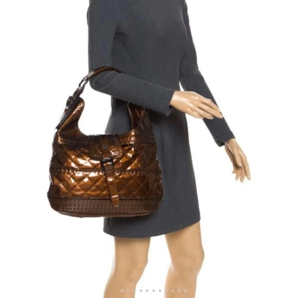 Burberry Prorsum Metallic Bronze Quilted Patent Leather Studded Hobo‎ Bag Italy